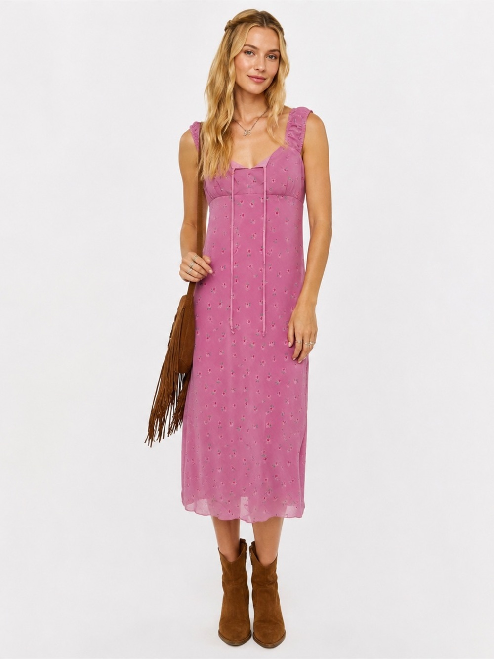 Vintage 90s Y2K Jonathan Martin Pink Floral Midi Dress Fairy Grunge Empire Waist